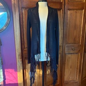 Poof! Black Fringe Open-Front Asymmetrical Sweater macrame weave Sz M